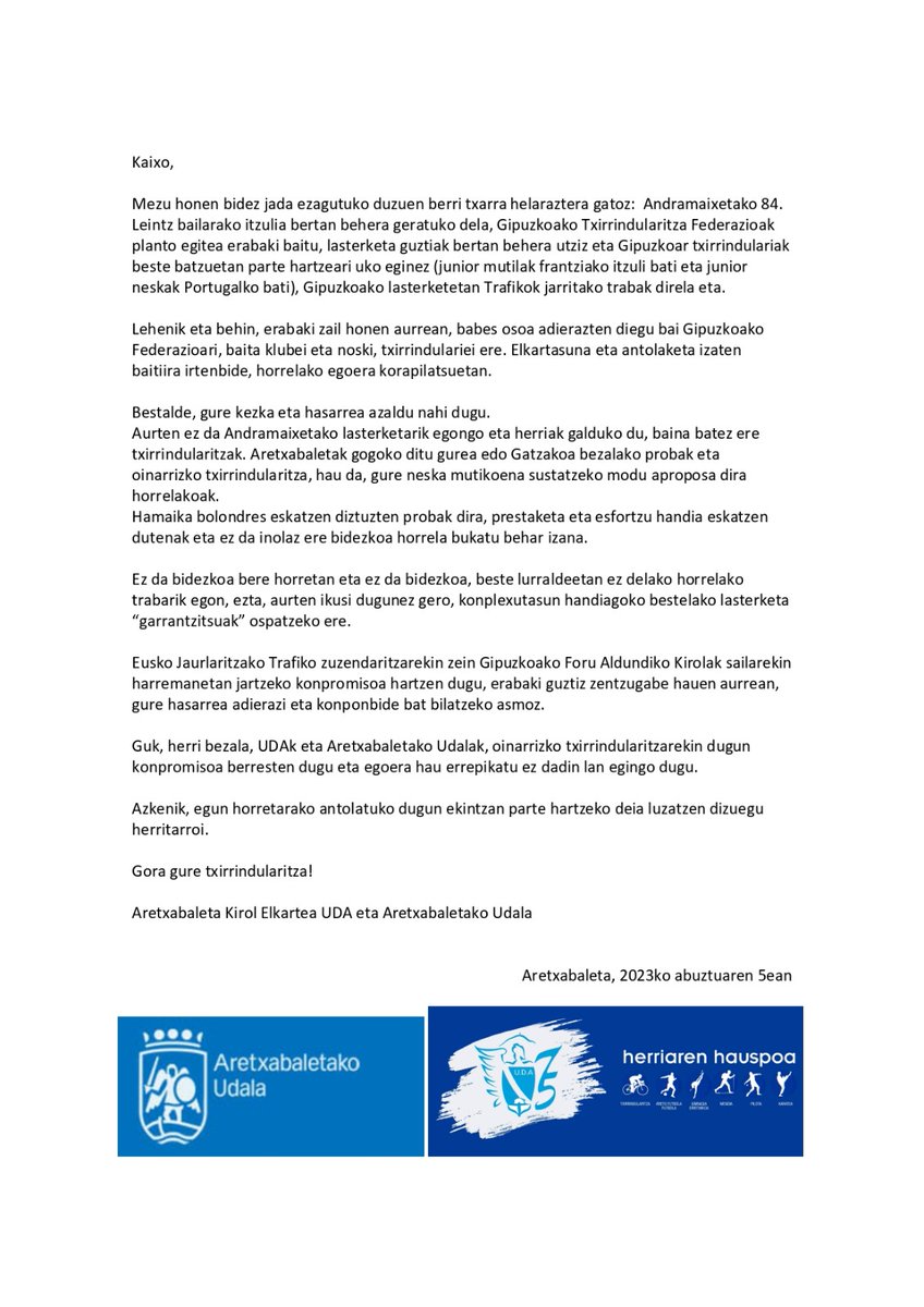 Oinarrizko txirrindularitzarekin dugu konpromisoa berresteko, UDAk eta Aretxabaletako Udalak ohar bat kaleratu dugu. 
<a href="/udaretxabaleta_/">udaretxabaleta</a>