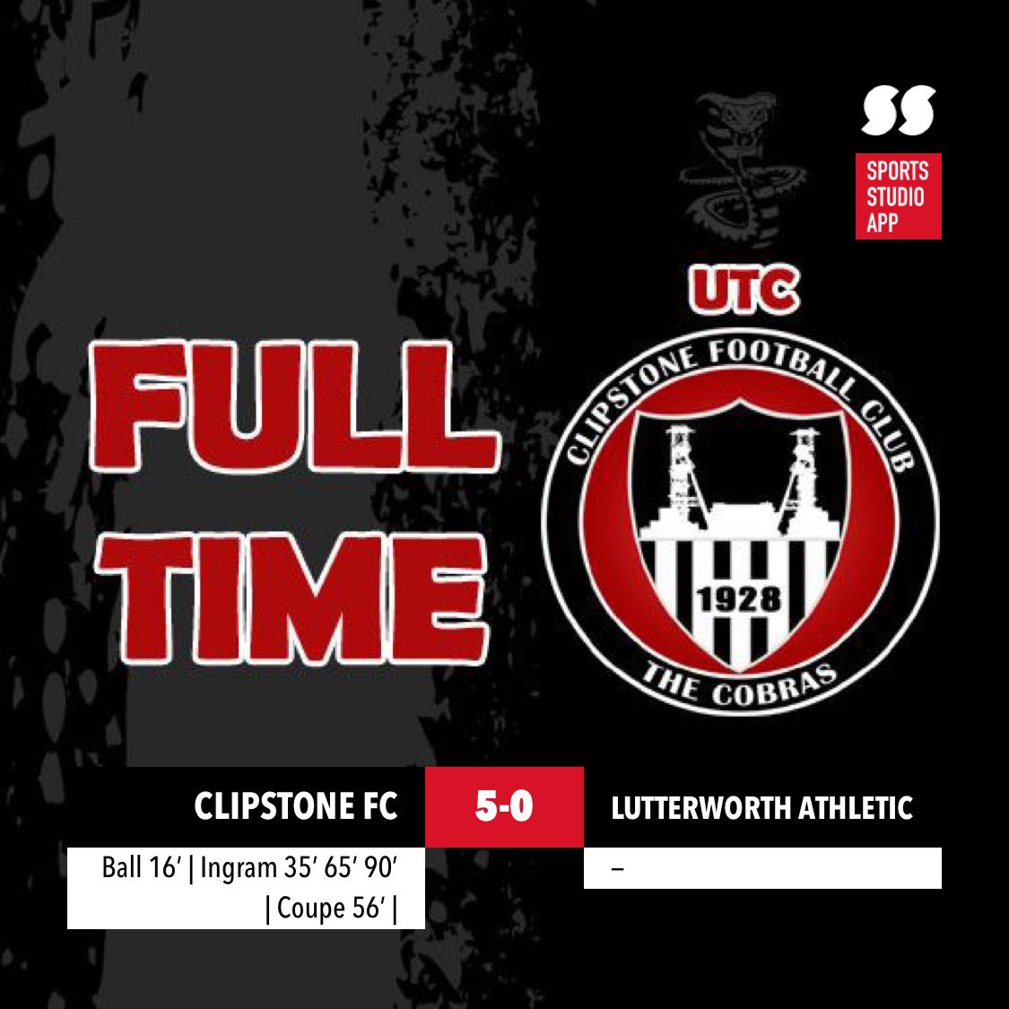 ClipstoneFC1's tweet image. FT: Clipstone FC 5 - Lutterworth Athletic 0

The Cobras in control at the Lido Ground. A big 3 points heading into Wednesday against Gedling MWFC. Goals from Ingram x3, Ball &amp;amp; Coupe. UP THE COBRAS 🐍