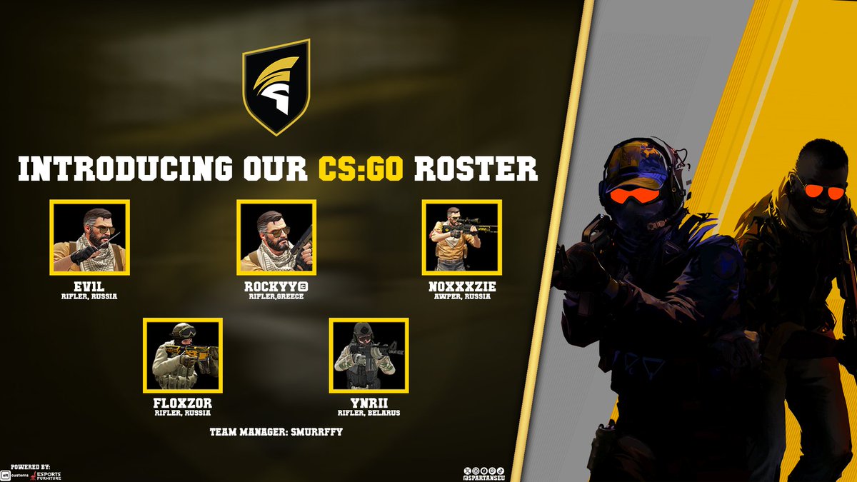 SpartansEu's tweet photo. New season, New goals, New faces!
Introducing our #CSGO Roster for the upcoming @ESEA Season!
•@csrockyy (C)
•@noxxxzie85162
•@eV1Lcs
•@FLOXZ0Rmachine
•@ynriisha
•Team Manager:@Smurrffy_lol 
#gaming #esports #spartans #welcome https://t.co/KqWoyF3av6