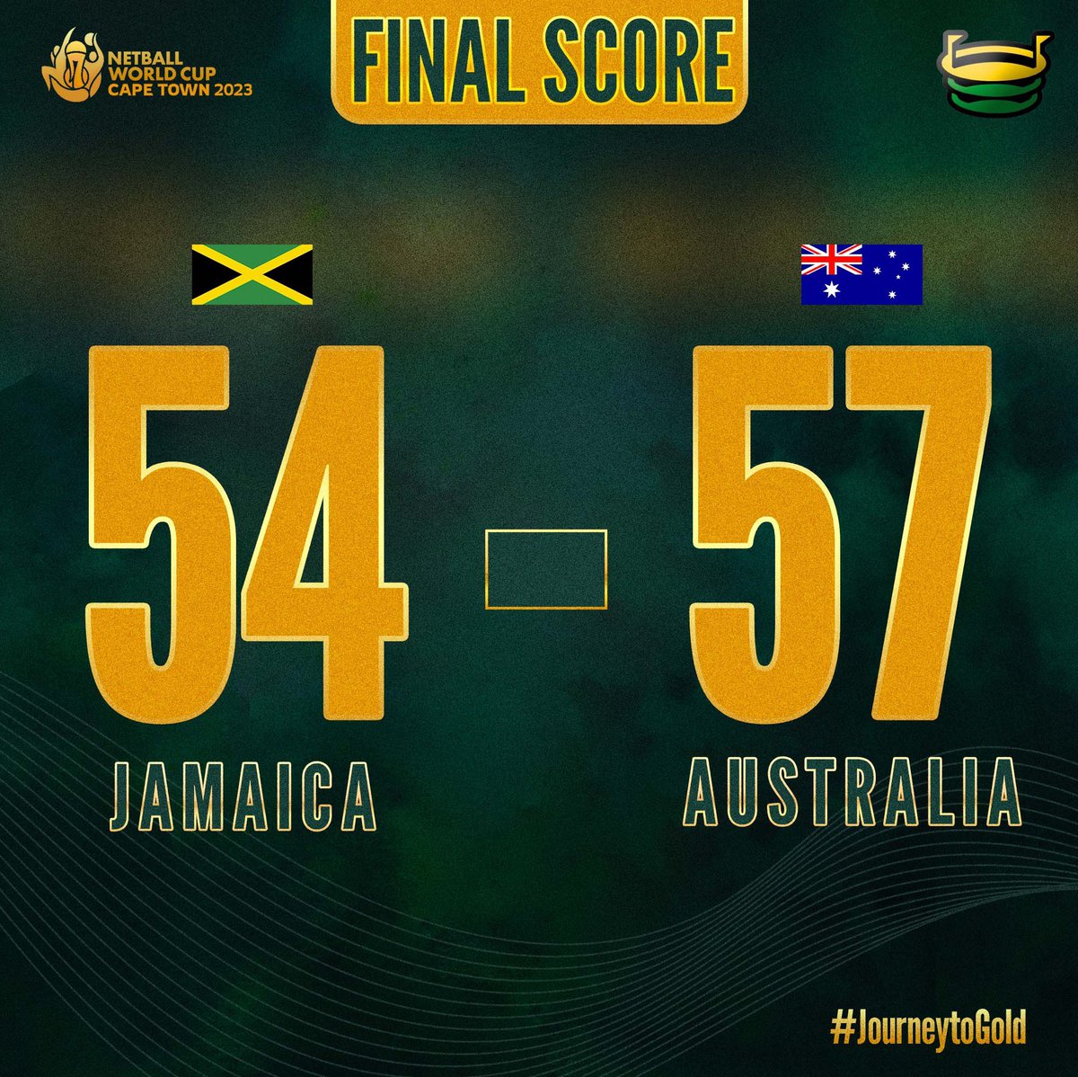 First loss and the Sunshine Girls' #JourneytoGold has come to an end. 

However, there is much to be proud of for the team and for Jamaica.

Sending support to the girls as they play New Zealand for the Bronze Medal.👏☀️

#NetballWorldCup #Jamaica