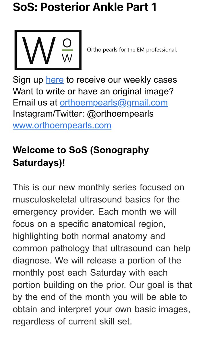 orthoEMpearls's tweet photo. We started a new series today - Sonography Saturdays (SOS)!!

Make sure to sign up to get MSK ultrasound basics for the Emergency Medicine provider. #EmergencyMedicine #SportsMed https://t.co/3ZfsYRDFCX