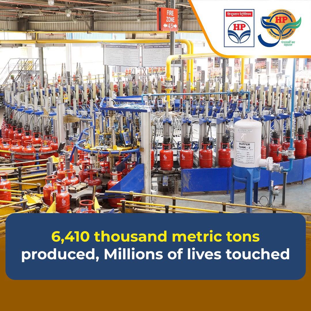 HPCL's tweet photo. One year and a 4% increase later, our LPG’s bottling capacity stands at 6,410 TMTPA. We look forward to continuing the growth in our customers, impact, and capacity to deliver happiness.
#HPCL #DeliveringHappiness #LPGBottling #hptowardsgoldenhorizon https://t.co/cZINPJtTUg