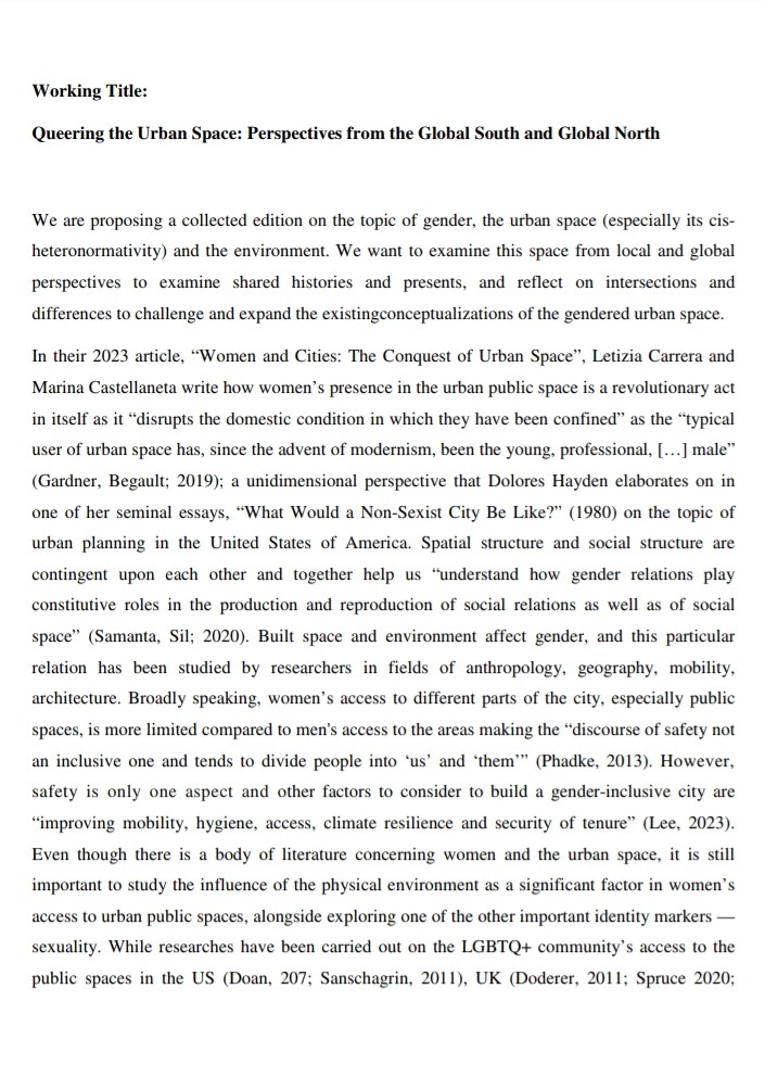 sanchalisarkar's tweet photo. Jessica (@flumminism) and I are proposing a collected edition on the topic of gender, the urban space (especially its cis-
heteronormativity) and the environment. Do check out the outline below and send in your abstracts by the 15th of September. 😊 https://t.co/HCrEROAyPP