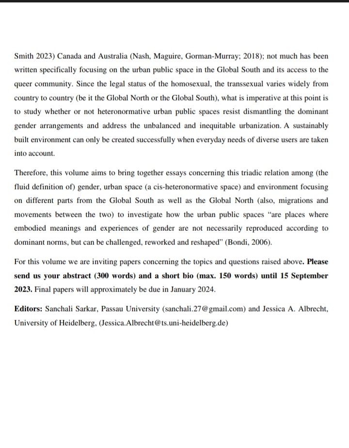 sanchalisarkar's tweet photo. Jessica (@flumminism) and I are proposing a collected edition on the topic of gender, the urban space (especially its cis-
heteronormativity) and the environment. Do check out the outline below and send in your abstracts by the 15th of September. 😊 https://t.co/HCrEROAyPP