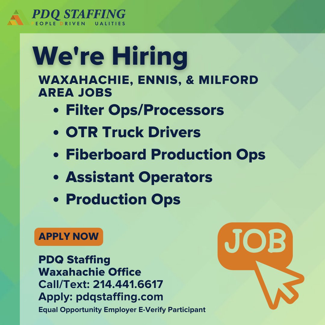 #Hiring for multiple positions in #Waxahachietx, #ennistx, & #Milfordtx including #productionoperators, #filteroperators / #processors, #fiberboardproduciton, & #OTRtruckdrivers. Call/text 214-441-6617 for info. EEO #pdqstaffing #pdqskilledtrades #dfwjobs #elliscountyjobs