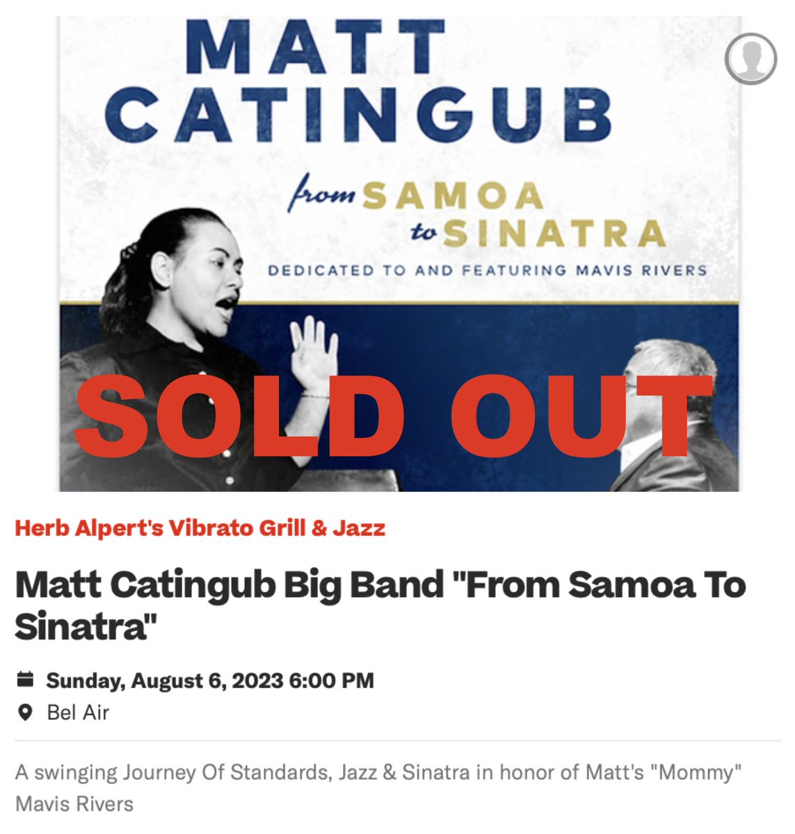 MattCatingub's tweet photo. Premiere of FROM SAMOA TO SINATRA at Vibrato in L.A. is a sell-out! Thanks for your support, gonna be a fun night! https://t.co/lGnmxhyo4G