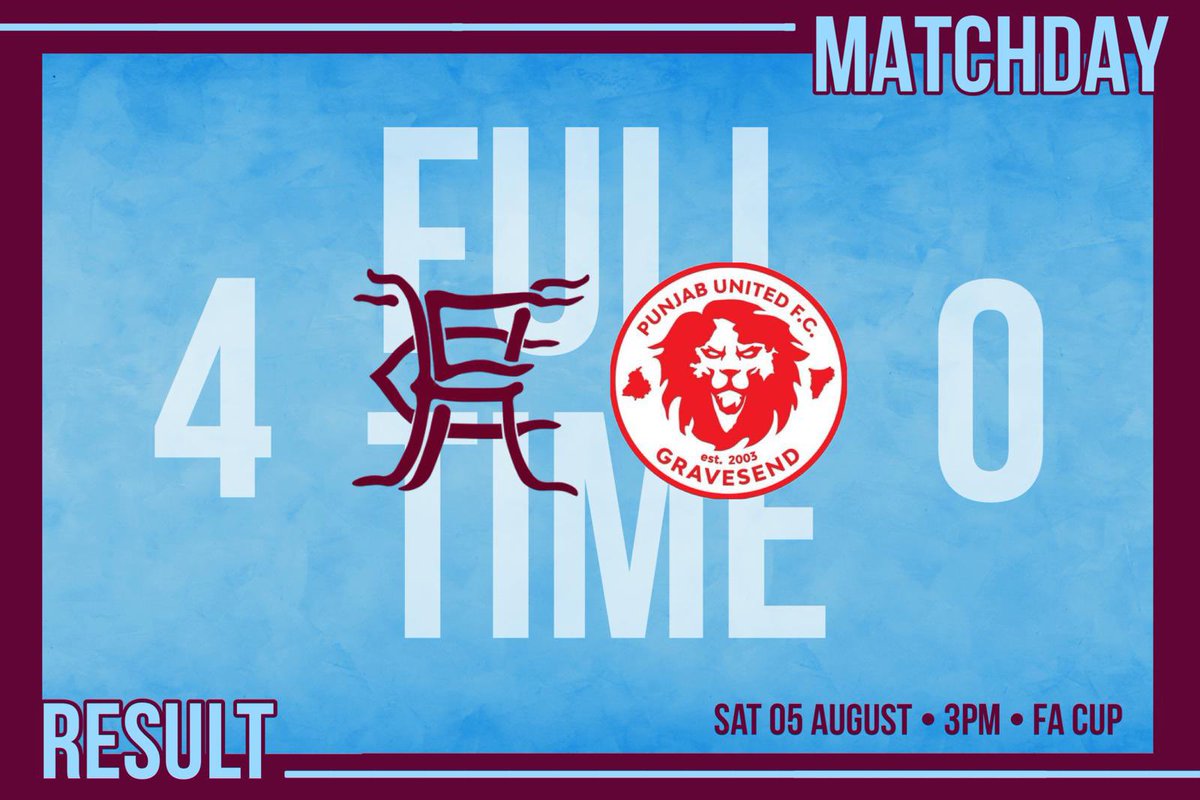 𝐅𝐔𝐋𝐋 𝐓𝐈𝐌𝐄| ⏱️

Horley 4-0 <a href="/PUFC_Gravesend/">(P)unjab United FC</a> 

Walker x 2 
Drake x 1 
Gyeabour x1 

A professional performance sees us progress into the next round of the FA Cup 🏆
Big thank you to everyone who came out  and supported us today in awful weather conditions☔️

#HTFC 🟣🔵