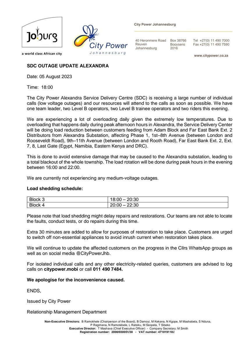 CityPowerJhb's tweet photo. #OutageUpdate #AlexandraSDC
#LoadReduction #AdamBlock #FarEastBankExt2
Kindly note the statement below: 👇 ^KM https://t.co/DMnwWYEcSc