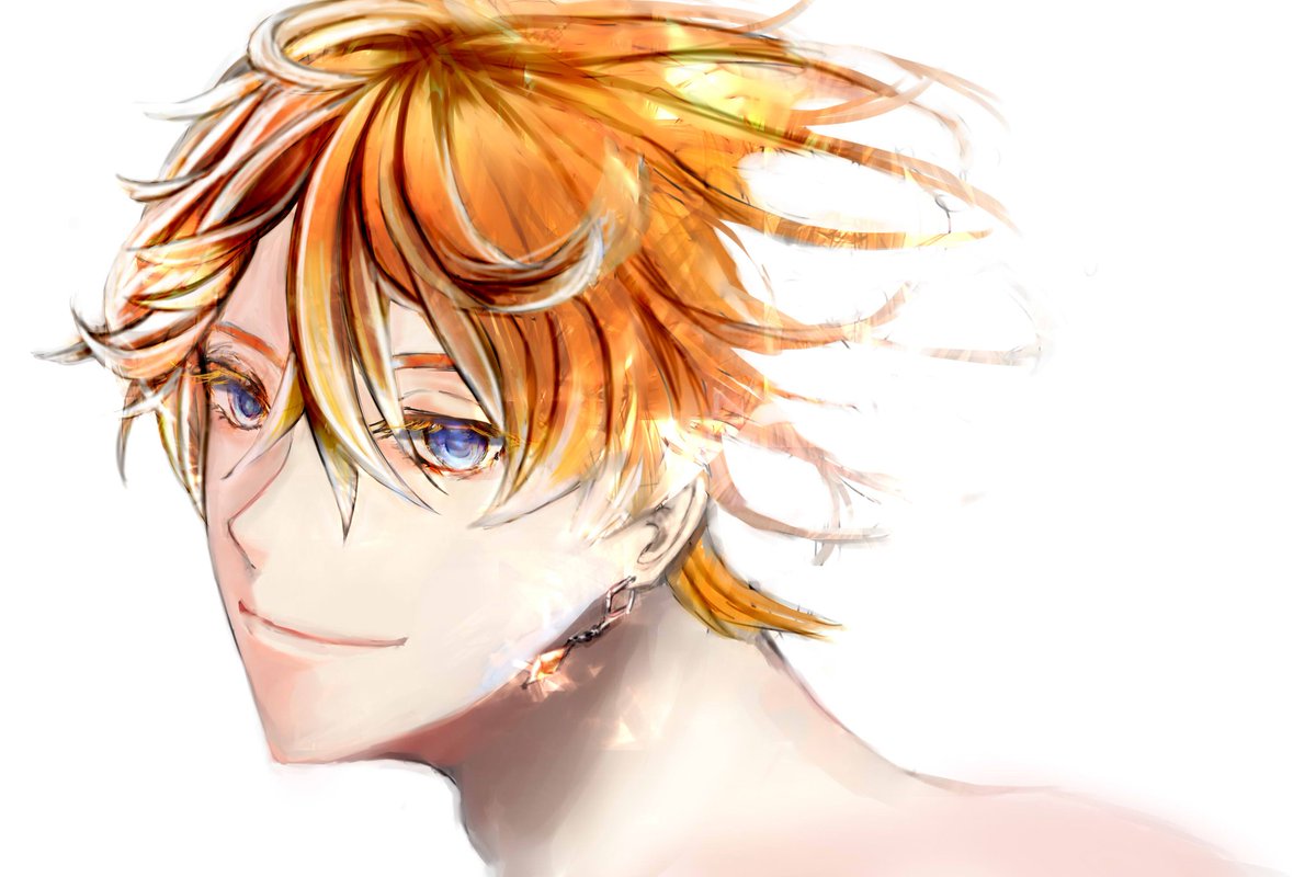 tartaglia (genshin impact) 1boy solo male focus blue eyes orange hair white background smile  illustration images