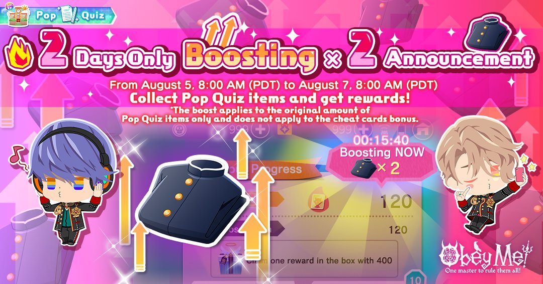 EspanolObey's tweet photo. El Pop Quiz "Blue Spring Paradise" ya  está en período de boost

¡Dura dos días!  ¡Recolecta objetos en Pop Quiz y reclama recompensas!

Boost Period: del 5 de agosto a las 8:00 a. m. (PDT) al 7 de agosto a las 8:00 a. m. (PDT)

 *Boost no incluye los efectos de Cheat Cards. https://t.co/GBDTiPzpZS