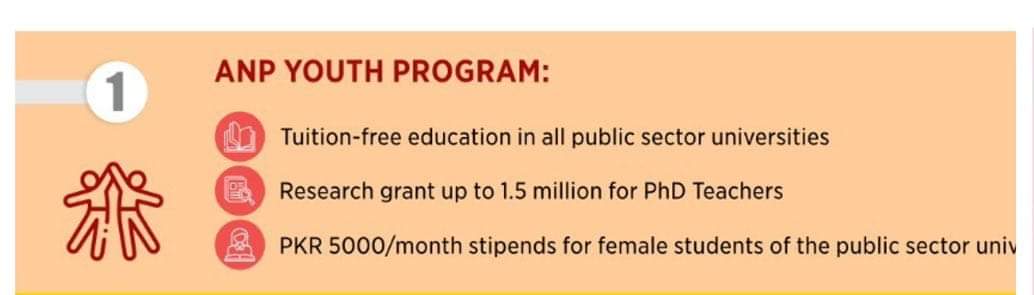 NaaMaalloom's tweet photo. YOUTH PROGRAM

Tuition-free education in all public sector universities

Research grant up to 1.5 million for PhD Teachers

PKR 5000/month stipends for female students of the public sector universitys 
#RanraPakhtunkhwa https://t.co/0Z3ZjnmYUO