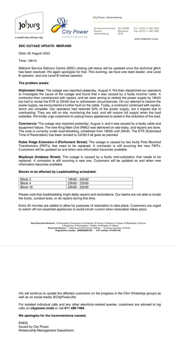 CityPowerJhb's tweet photo. #OutageUpdate #MidrandSDC
#KlipfonteinView
#Commercia
#RabieRidgeExt4(Parliament Street)
#Mayibuye(Intakaza Street)
Kindly note the updates below π ^KM https://t.co/EoXvNj5ms6