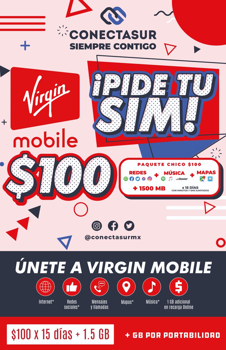 conectasurmx's tweet photo. ¡No pierdas esta oportunidad! ahora tu también puedes distribuir SIMs Virgin Mobile, con Conectasur tienes mas ventajas. https://t.co/ZPUulekpy1