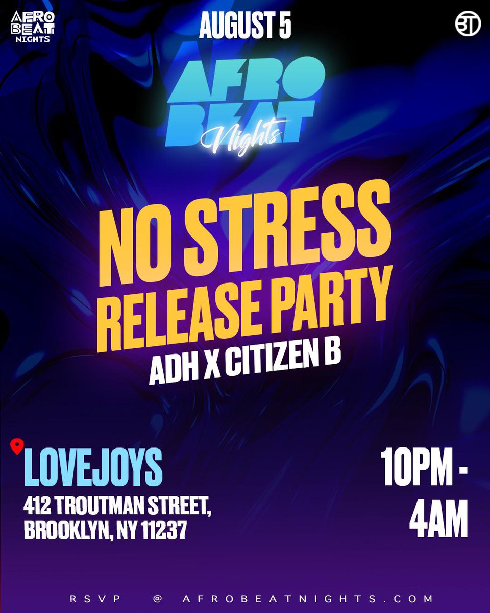 afrobeatnights's tweet photo. AfrobeatNights NYC returns tonight at Lovejoys in Brooklyn! We’ll be celebrating @ADHONLINE’s performance at First Saturdays at the Brooklyn Museum as well as the release of his latest single “No Stress” w/ Citizen B

https://t.co/ybgnPFmDml

#Afrobeatnights https://t.co/wcdtnAiHix