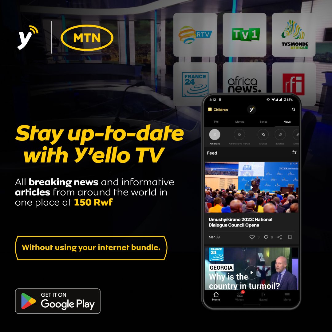 For only 150 RWF per month, Yello TV provides access to all local and international TV channels, including Trace Urban. On top of that, it's data-free. Download it here: bit.ly/YellowTV 

#WhatAreWeDoingToday #Tubitayeho #MTNAt25