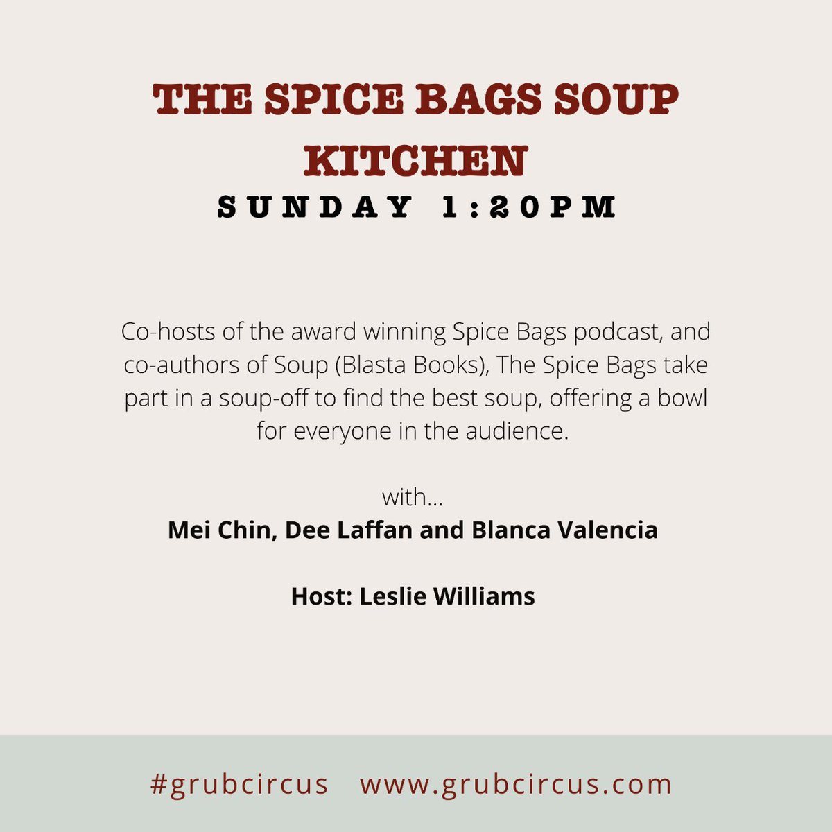 grubcircus's tweet photo. The Spice Bags take part in a soup-off to find the best soup.

See full schedule in bio or at https://t.co/of91t8Wdgh 

#GrubCircus #foodfest @ATN23 #AllTogetherNow

@deelaffan @blancsvalencia @LesliesWineFood https://t.co/aDP2BJiyh5