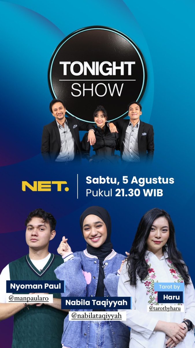 THEKAAAKAA's tweet photo. Tonight show panal episode starts on:
9:30 PM JKT
5:30 PM EEST
4:30 PM CEST
3:30 PM WEST
2:30 PM GMT
PANAL LET’S GO!!
#NyomanPaul
#NabilaTaqiyyah
#Panal
#PaulNabilaMainkeTNS
#KeronconganBarengPaul
#PaulatTonightShow
#NabilaatTonightShow
#TonightShowNET https://t.co/Cw7zDeesgw