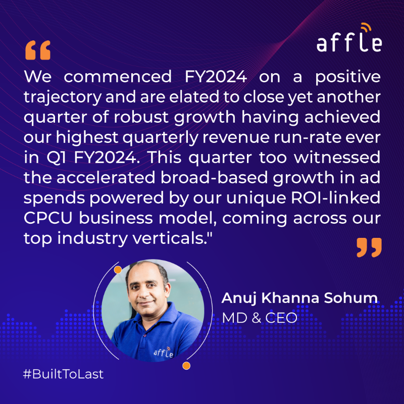 affle's tweet photo. We are delighted to announce the Q1FY2024 results with robust growth having achieved our highest quarterly revenue run-rate ever. We remain committed to enhance our consumer-centric offerings and drive sustainable value creation for our stakeholders.
Read more: