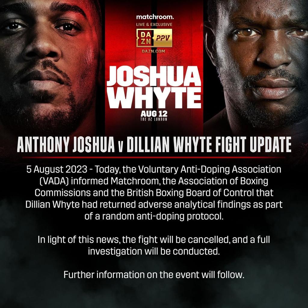Next week's rematch between Anthony Joshua and Dillian Whyte is OFF due to a drug test failure from Whyte ❌ It is currently unclear if Joshua will face a replacement or wait to be rescheduled What do you make of this? 🤔 #VMTV | #ViolentMoney | #Boxing | #JoshuaWhyte2