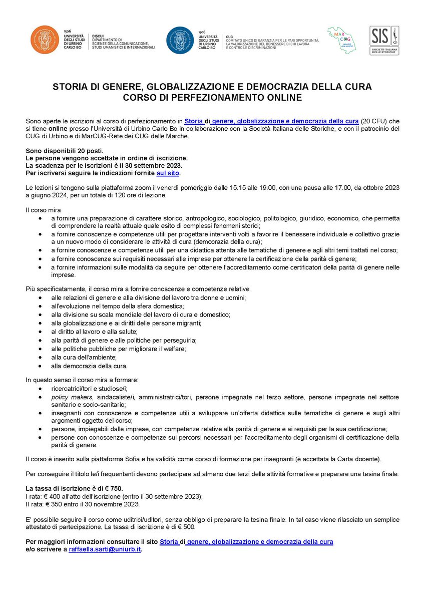 SISstoriche's tweet photo. STORIA DI GENERE, GLOBALIZZAZIONE E DEMOCRAZIA DELLA CURA. 

Aperte le iscrizioni al corso che si tiene online presso l’Università di Urbino, in collaborazione con la SIS e il patrocinio del CUG di Urbino e di MarCUG-Rete CUG delle Marche. 
Info https://t.co/SfU3Pm3gW9 https://t.co/kSiOaK54Y5
