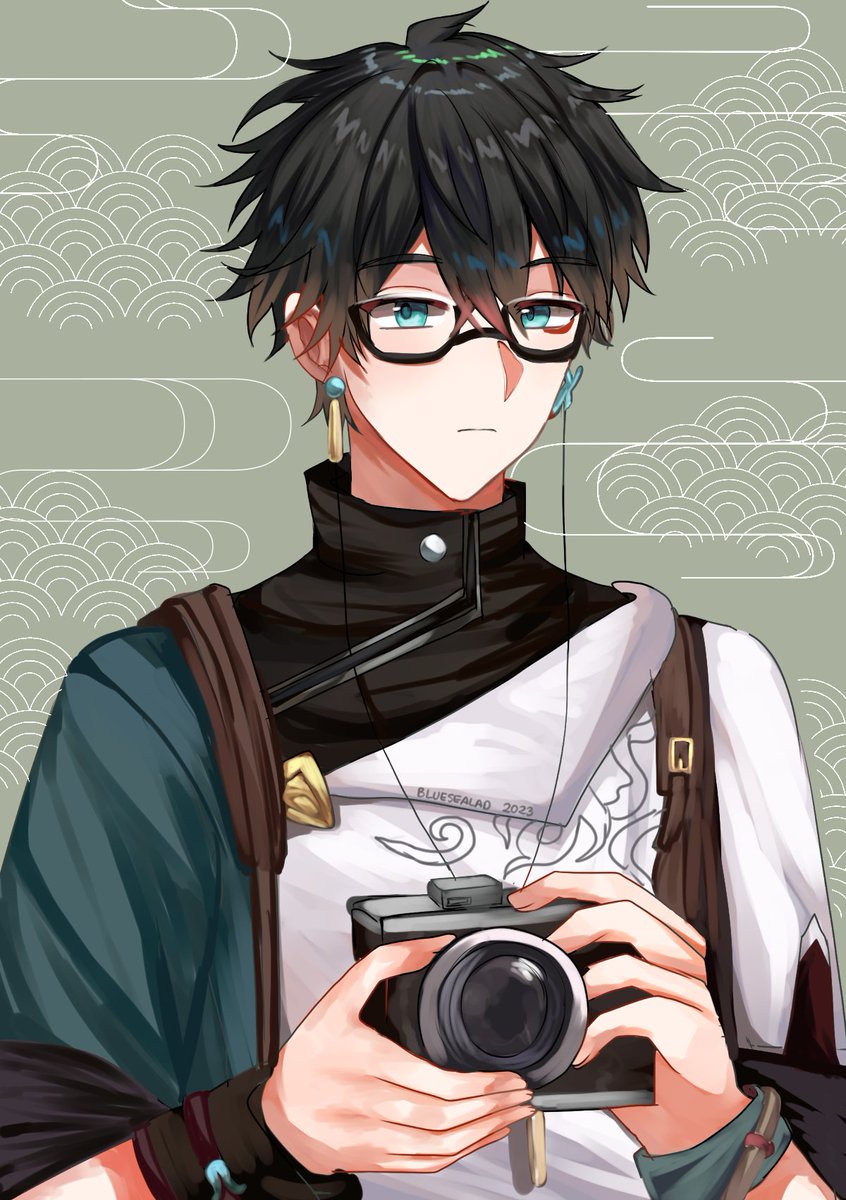 1boy male focus solo glasses holding black hair jewelry  illustration images