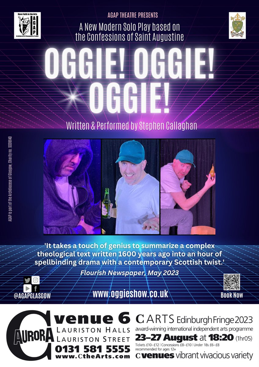 AGAPGlasgow's tweet photo. @edfringe has begun and not long until our show @Cvenues! Following our hugely successful spring and summer tours, "Oggie! Oggie! Oggie!" 23-27 Aug at 6.20pm. Written &amp; performed by @callaghan_plays. Book: https://t.co/HMg9VzLpVb  #EdFringe2023 #soloshow #newwriting #staugustine https://t.co/unF11RKnpR