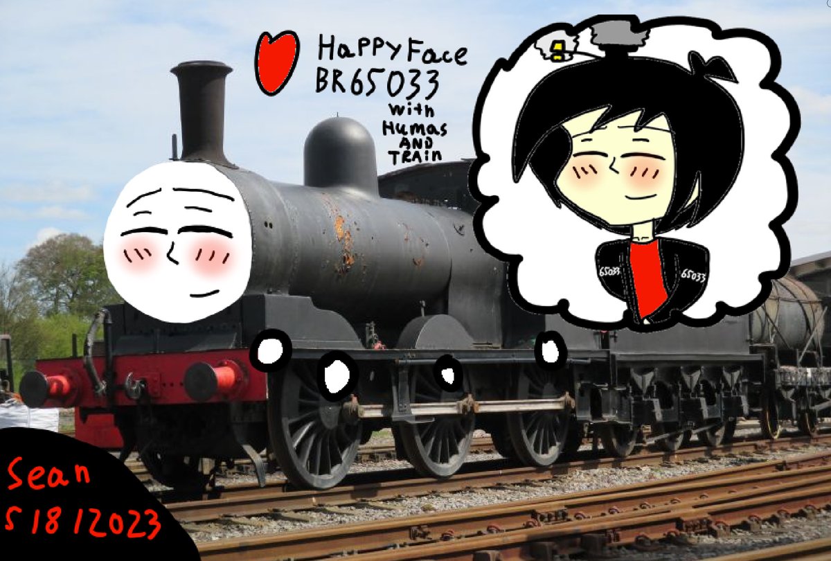 sean33119024's tweet photo. Happy face British Railway 65033 Steam Engine   
With Humans and Trains   
#Railfan #Fanart #BritishRailway65033 #OC https://t.co/Hkv7IqXLeg