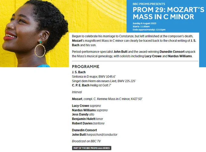 MozartCircleCN's tweet photo. 6 August 2023 
@bbcproms #JButt @DunedinConsort
 present 
#Mozart the magnificent masterpiece
#MassInCminor 
with completion by #CKemme
(publ. @BreitkopfMusic 2018)!
With music by #CPEBach (one of music models to #Mozart) &amp; #JSBach! #ff 
@RoyalAlbertHall
 
https://t.co/g7TvwAyXK0 https://t.co/ufozMyoztU
