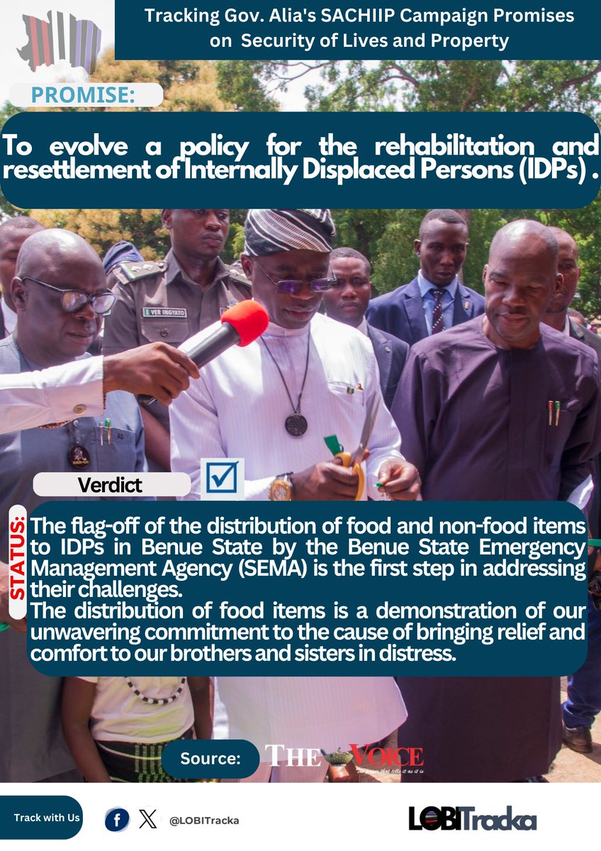 LobiTracka's tweet image. The Alia-led administration promised to evolve a policy for the rehabilitation and resettlement of Internally Displaced Persons (IDPs) to their ancestral homes.

We tracked and report this promise as seen in the flier. 

#LOBITrackaProject