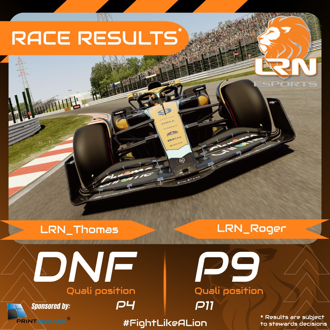 LeagueRacingNL's tweet photo. Race results at @DkmnEsports
🦁

Bad luck for @LrnThomas while he was fighting all race for the podium. Meanwhile @LRN_Roger scores a few points for the team. 

#lrnesports #oneteamonedream #fightlikealion https://t.co/gD3DhZBt6V