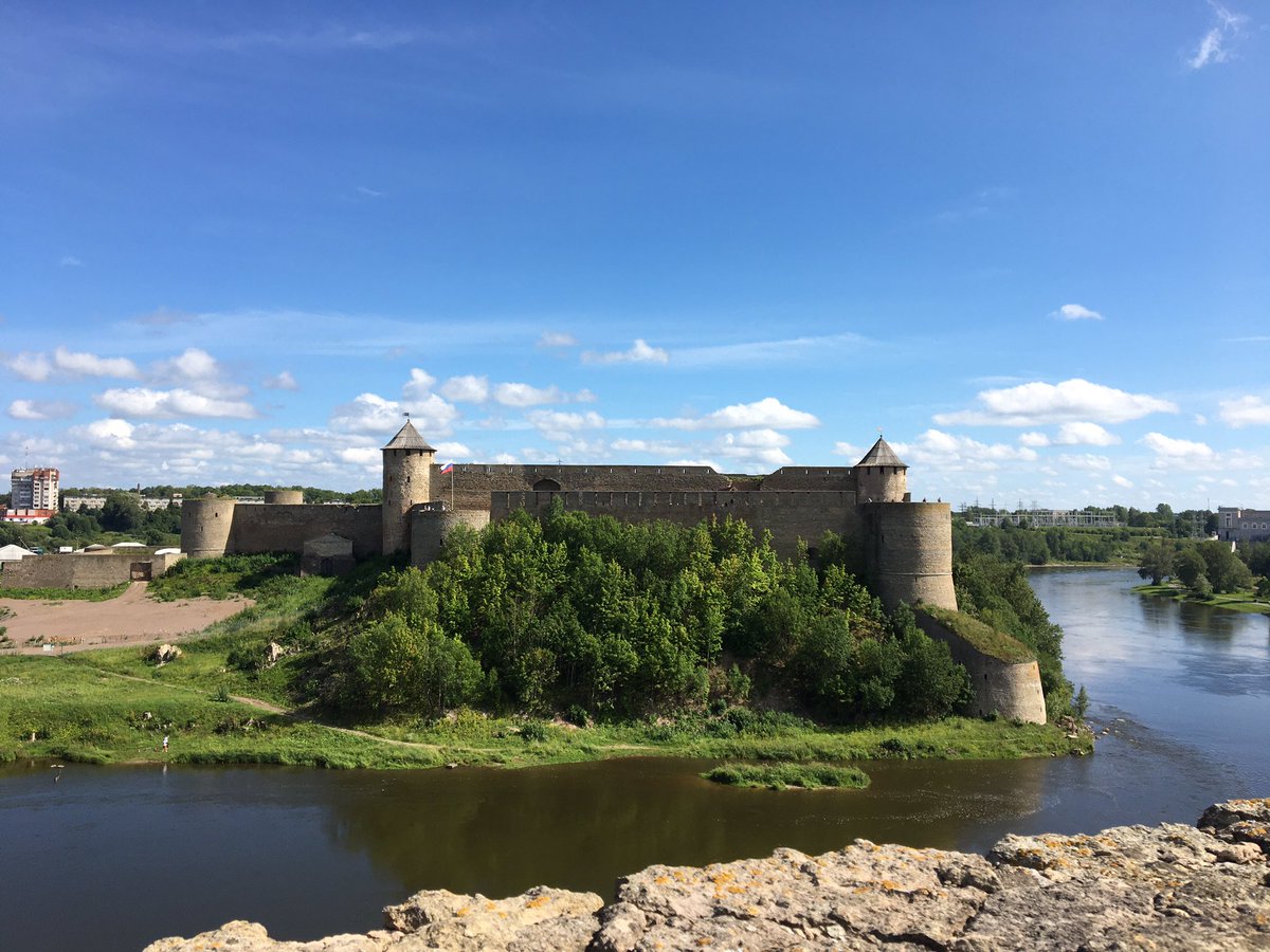 Castle in Narva, Estonia and view of Ivangorod, Russia on the other side of the river