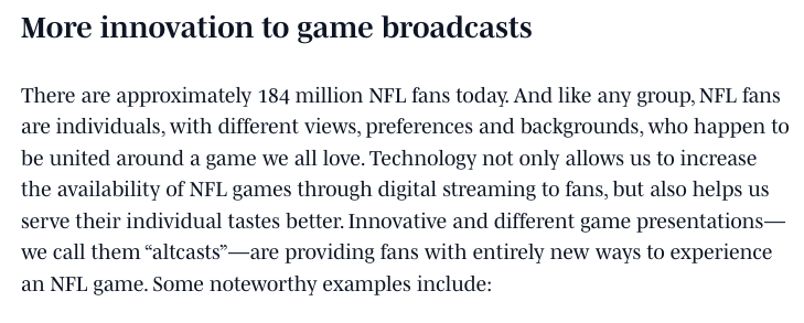 TKGore's tweet photo. "Altcasts"—innovative + different game presentations—provide fans w/ entirely new ways to experience live sports.
Creating #altcasts (think: versions) increases interest thus ⬆️ audience.
#NFL, along w/ partner CBS/Nick "get it." Looking forward to a Super #SlimeCast.
#SportsBiz #SportsTech #SuperBowl