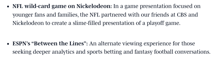 TKGore's tweet photo. "Altcasts"—innovative + different game presentations—provide fans w/ entirely new ways to experience live sports.
Creating #altcasts (think: versions) increases interest thus ⬆️ audience.
#NFL, along w/ partner CBS/Nick "get it." Looking forward to a Super #SlimeCast.
#SportsBiz #SportsTech #SuperBowl