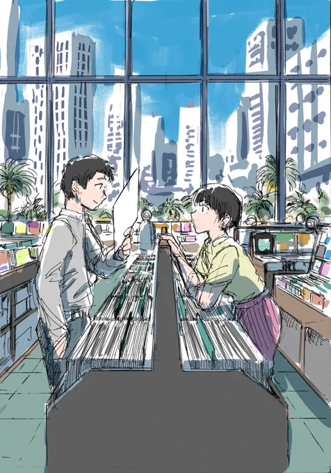CITY POP on VINYLの没案とラフ。より都市感覚を意識した構図。シティポップで男女2人だとわたせせいぞう風味が…