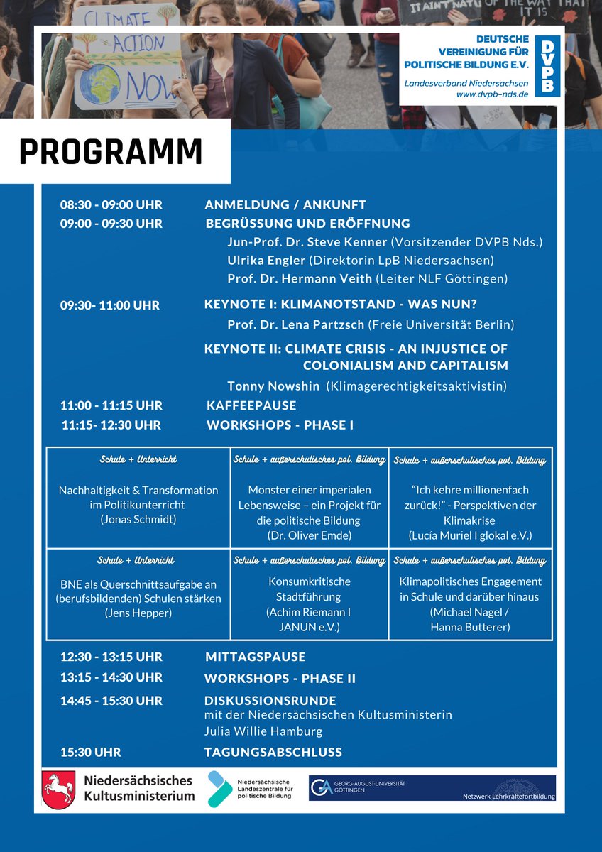Jetzt anmelden zum #TdpB2023 Nds. u.a. mit Kultusministerin <a href="/williehamburg/">Julia Willie Hamburg</a> sowie mit Vorträge von Prof. Dr. Lena Partzsch (<a href="/FU_Berlin/">Freie Universität</a>) und <a href="/t_nowshin/">Tonny Nowshin</a> sowie Workshops von @hannabutterer, @_Mchl_Ngl, @olvrmd, @JANUN_NDS &amp; weiteren.
📣 dvpb-nds.de | @DemokratieNDS