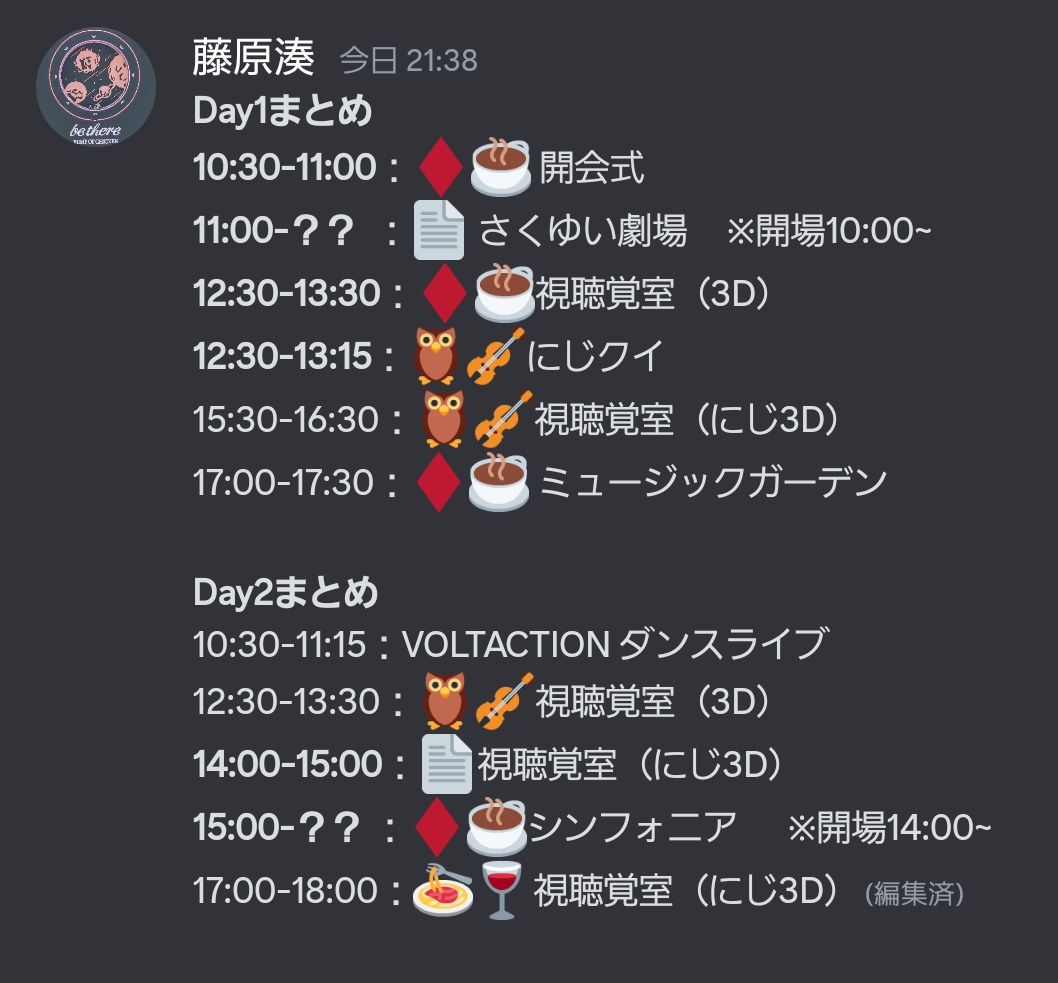 改めてヴォルタメンバーのにじフェス稼働時間を時系列順に並べ直したのでスケジュール立てに使えそうなら使ってください