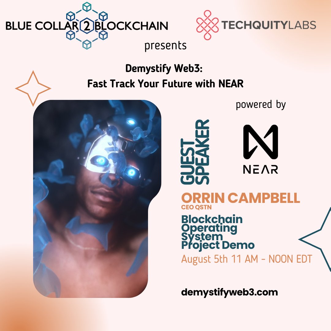 BC2Blockchain's tweet image. August 5th 11am EDT Demo of amazing creators on the #blockchain #operating #system powered by @NEARProtocol 

Join us at demystifyweb3.com 

#web3 #buildonBOS