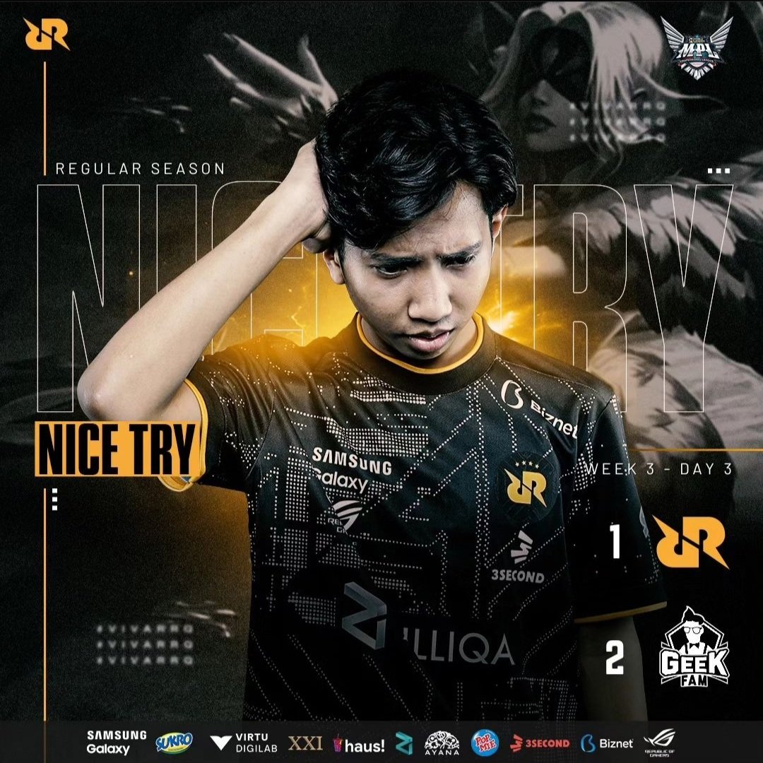 teamrrqofficial's tweet photo. Hari ini NT dulu guys! 🥲

Terima kasih yg sudah mendukung Deden dkk. hari ini. Pekan depan kita bounce back &amp; berusaha maksimal di semua pertandingan!

GGWP @GeekFamID! https://t.co/P1ZG8xwjVX