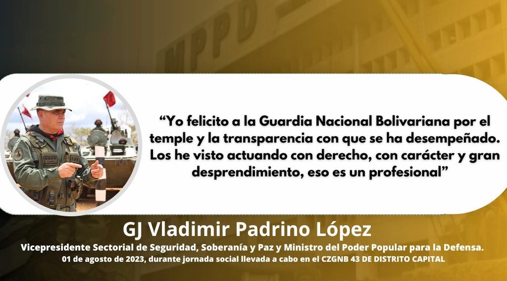 GJ. <a href="/vladimirpadrino/">Vladimir Padrino L.</a> reconoce la importante labor que día a día llevan a cabo los hombres y mujeres de carrubio.
#05Ago
#GNBArmadosDePaz