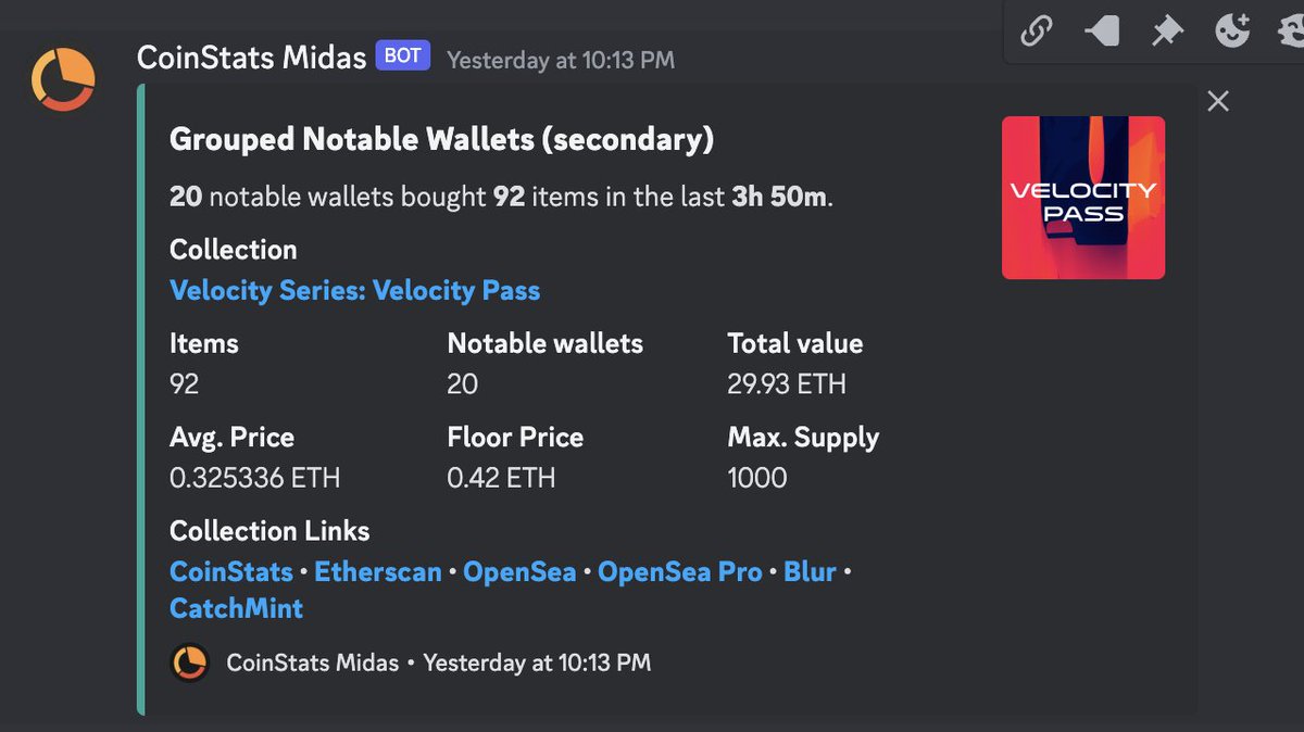 A couple of nice alerts from our internal bot 
 <a href="/FullMetalTools/">Metal Tools</a> ~1ETH > 3ETH
Possibility spaces by <a href="/LookHighward/">Look Highward</a>  ~0.079ETH > 0.25ETH
Velocity Series by <a href="/Bybit_Official/">Bybit</a>  ~0.35ETH > 0.7ETH

Dm for the access
#plebsforplebs