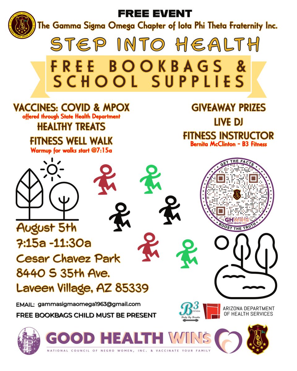 .#StepIntoHealth with the Phoenix Alumni Chapter of Iota Phi Theta Fraternity, Inc. TODAY from 7:15-11:30am at Cesar Chavez Park Amphitheater in Laveen. First 50 kids will receive 1 backpack with school supplies! More details: ow.ly/iIRU30swBnT