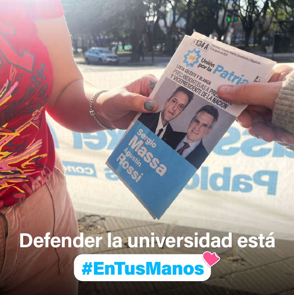 Este 13 de agosto, la Patria está #EnTusManos y la defendés votando a Sergio Massa. Es con más trabajo, inclusión, educación y salud pública que salimos adelante. #DefenderALaPatria