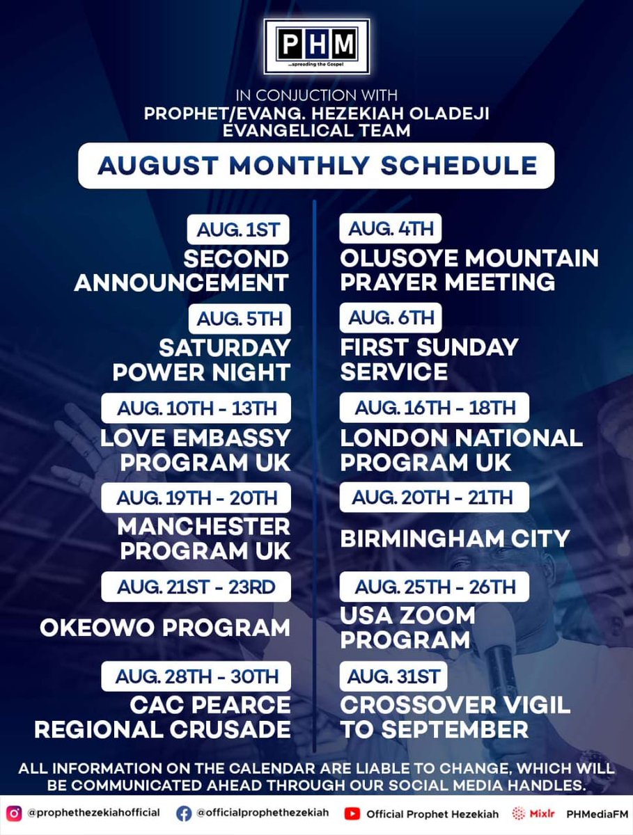 prophethezekiah's tweet photo. Welcome to the month of August ,the month of Divine Visitation!

Join us for the wonderful programs lined up for this month and experience the mighty power of God as of old.

Save the dates &amp; join us online &amp; onsite.
God bless you.

#august
#officialprophethezekiah
#PHMedia https://t.co/wIqLxSOFLU