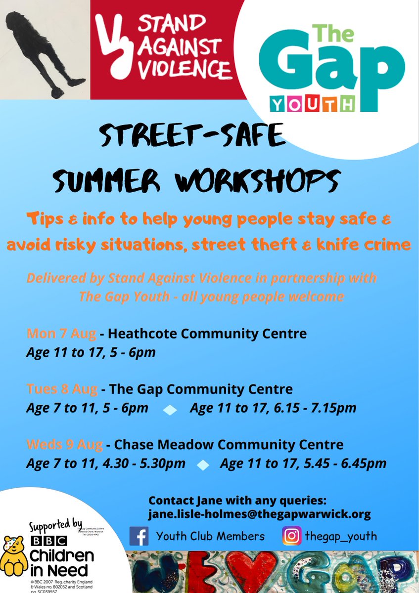'Stand Against Violence' and 'The Gap' are putting on some summer workshops over the next week with tips and information to help keep young people safe.

If you are concerned about youth violence or street thefts feel free to pop along and speak to them next week.