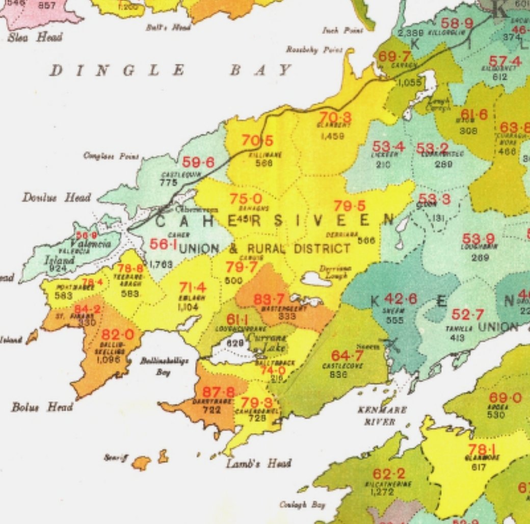 Coimisiún na Gaeltachta 1926: 56% ina gcainteoirí Gaeilge i gCathair Saidhbhín; 78% i bPort Magee; 88% i nDoire Fhíonáin. Is beag ceantar Gaeltachta in aon áit in Éirinn anois a bhfuil an oiread cainteoirí Gaeilge ann.