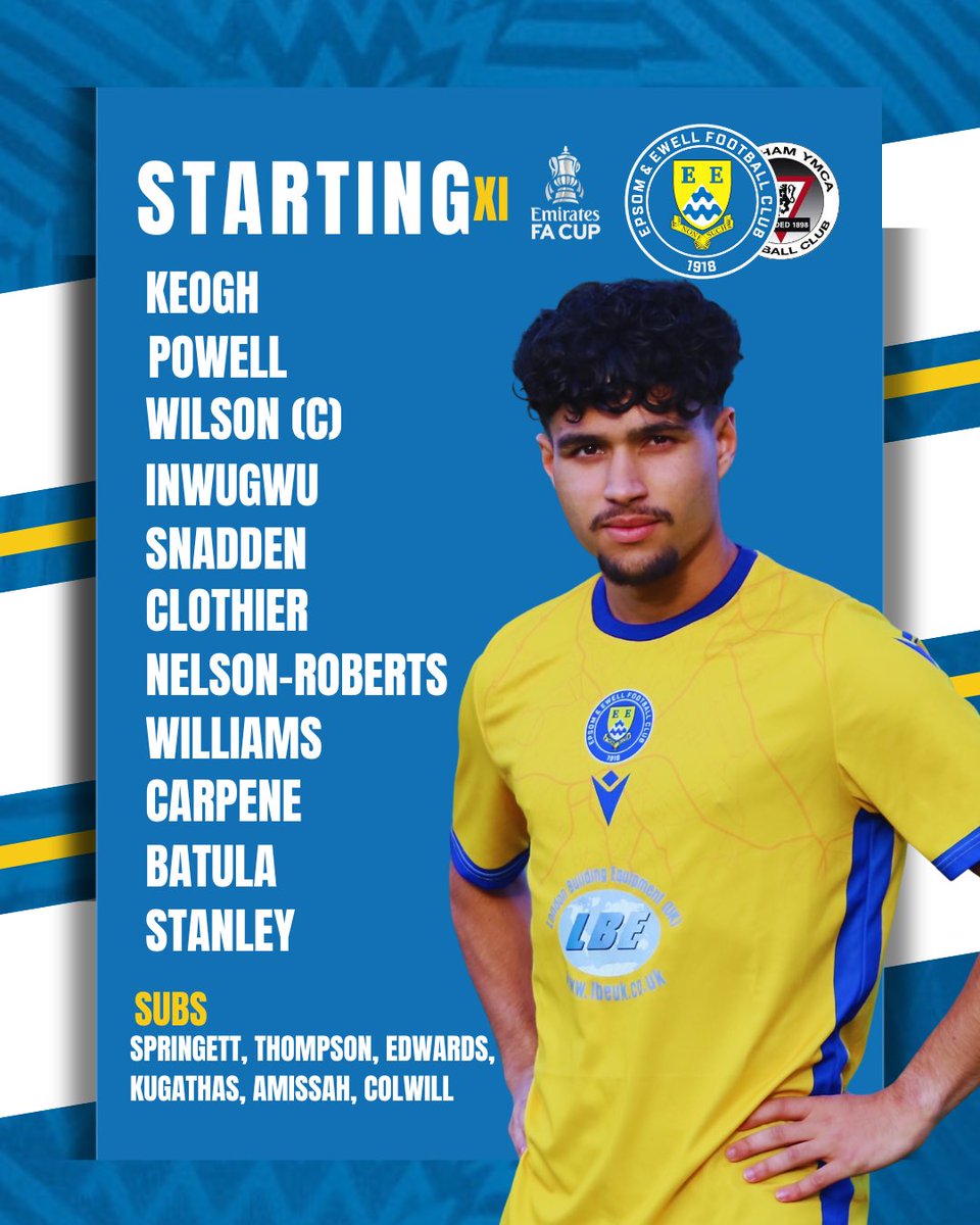 TEAM NEWS ⚡️ 

🧘🏽‍♂️ Inwugwu at the back 

🧑‍✈️ Wilson captains the side

🎯 Stanley in attack

FA Cup Fever is officially BACK 🧨 

#WeAreEpsom | #EmiratesFACup