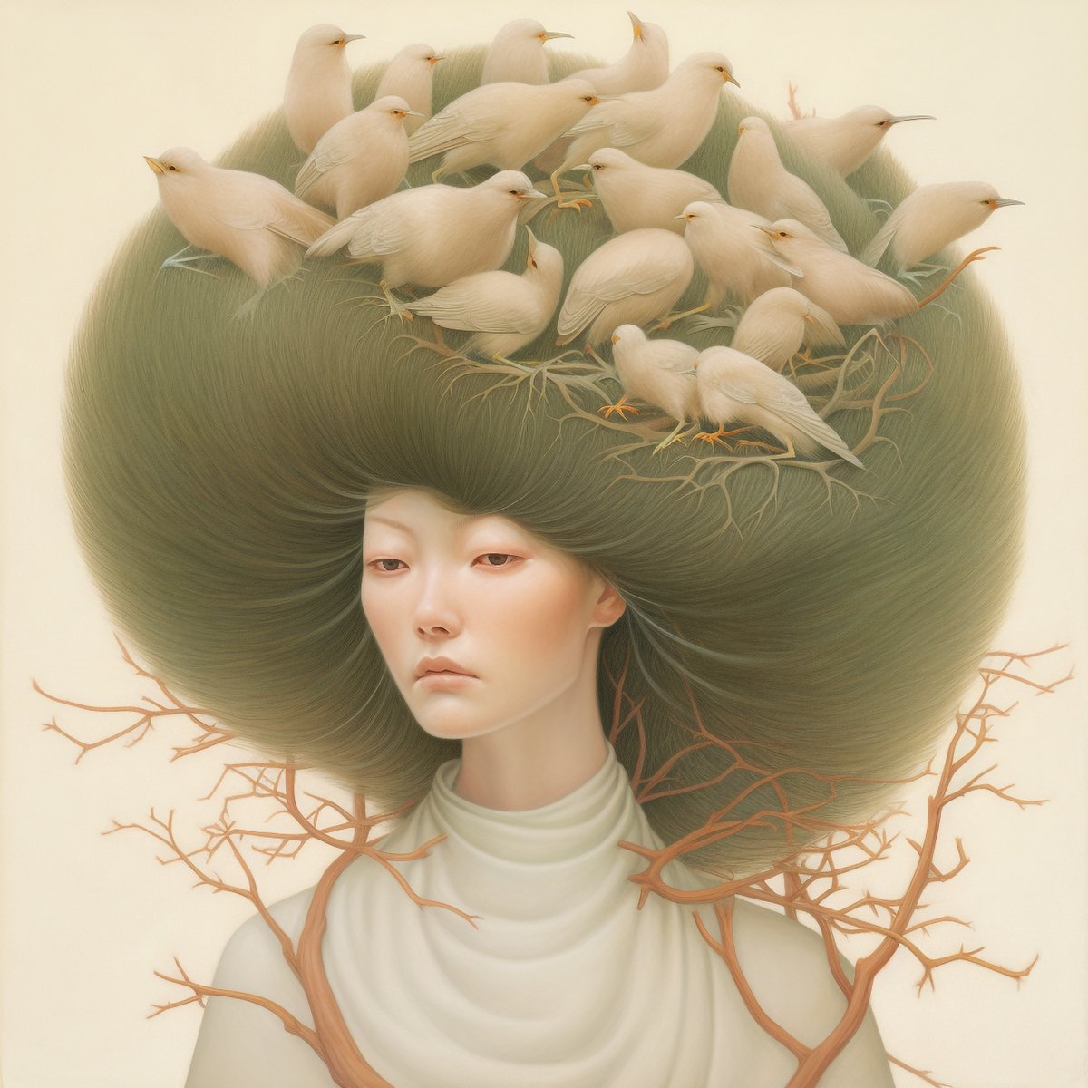 ohlala__studio's tweet photo. Woman with Birds on Her Head 
#bird #birds #tree #woman #green https://t.co/xiSSsU6LB1
