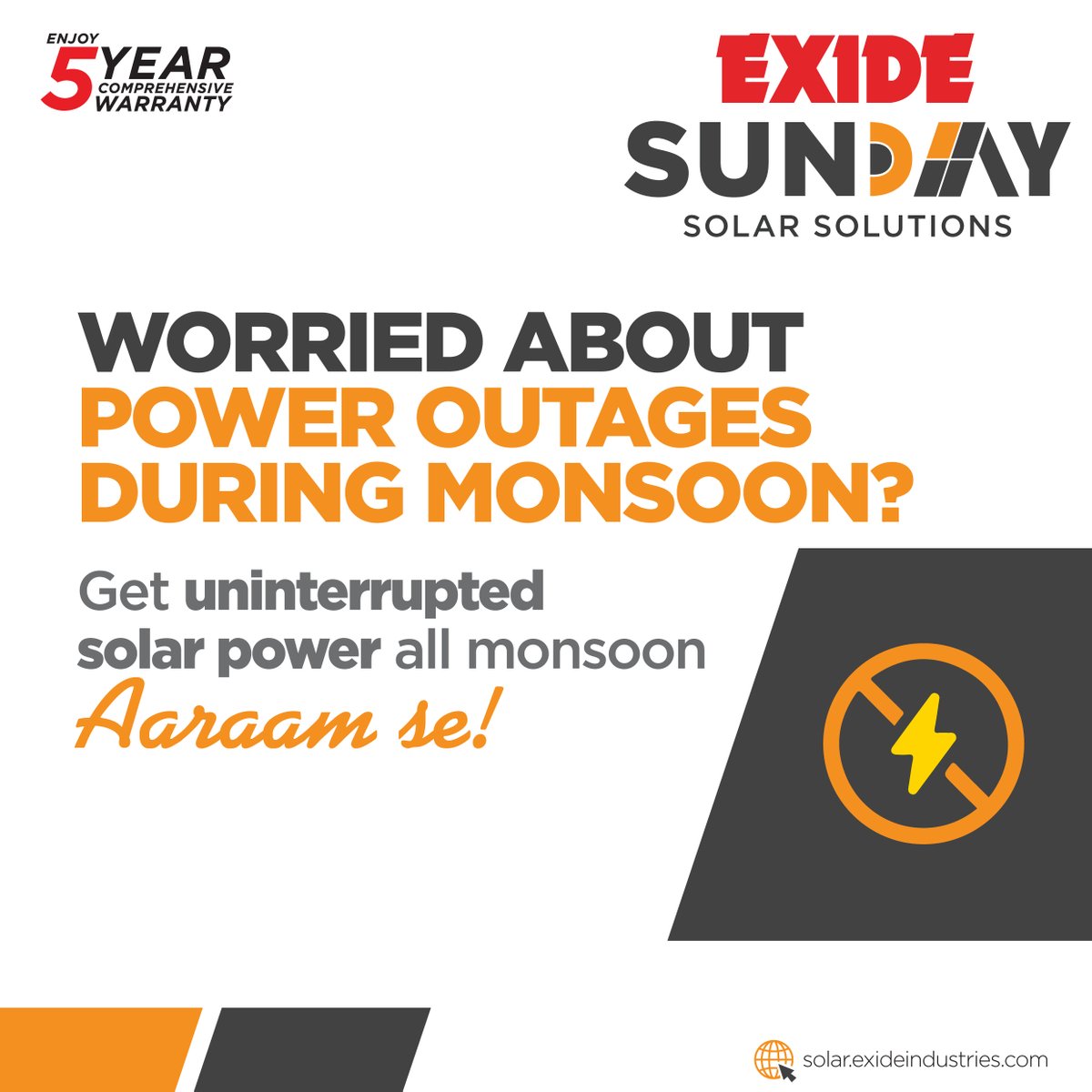 Enjoy uninterrupted power during your monsoon days with Exide Sunday rooftop solar system, Aaraam Se!
#Exide #SustainableEnergy #SundayLiving #Exidesolar