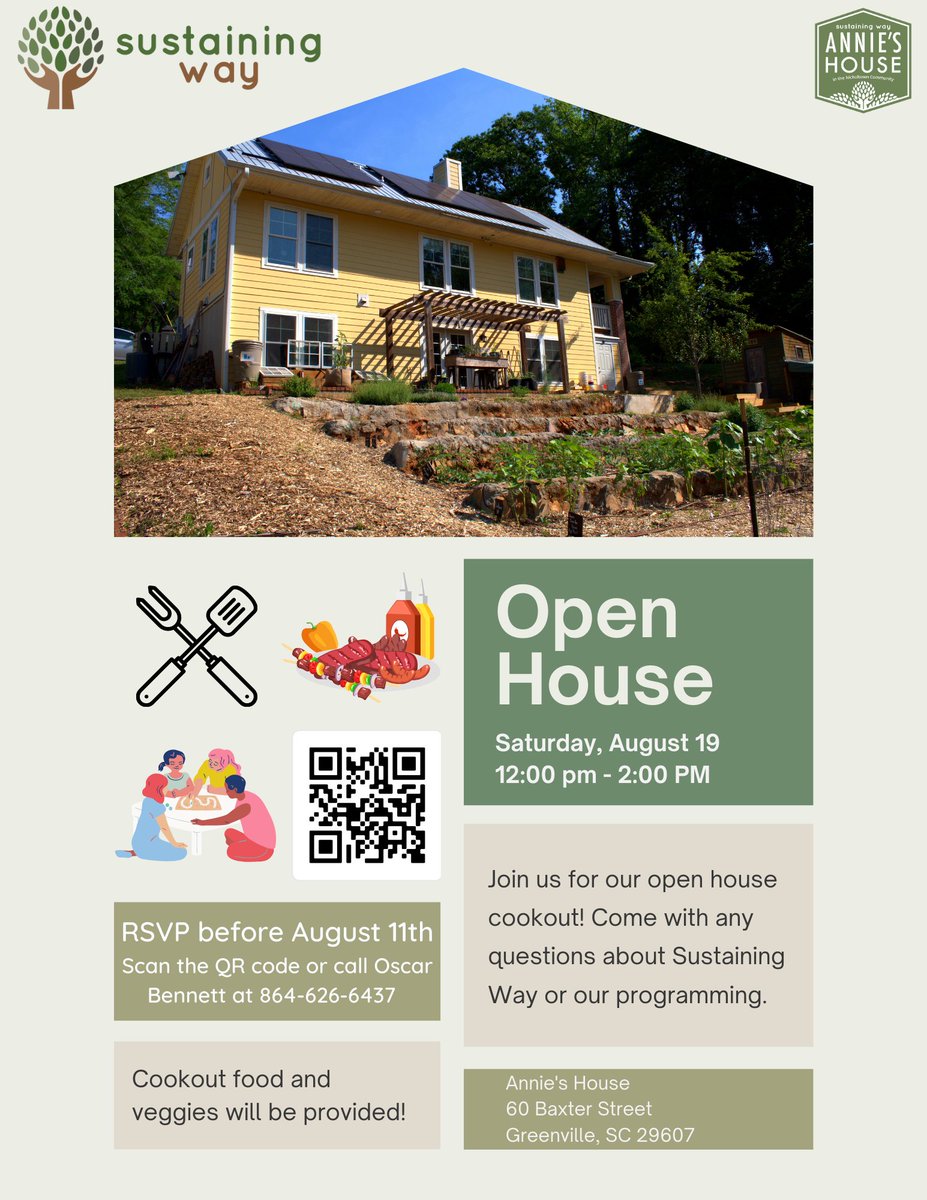 SustainingWay's tweet photo. On Saturday, August 19th, we will have our second community Open House with a cookout at Annie's House. We will have healthy, delicious food for everyone along with drinks and the classic summer favorite: fruit popsicles. We would love to see you there! https://t.co/o0IGV0oPz9
