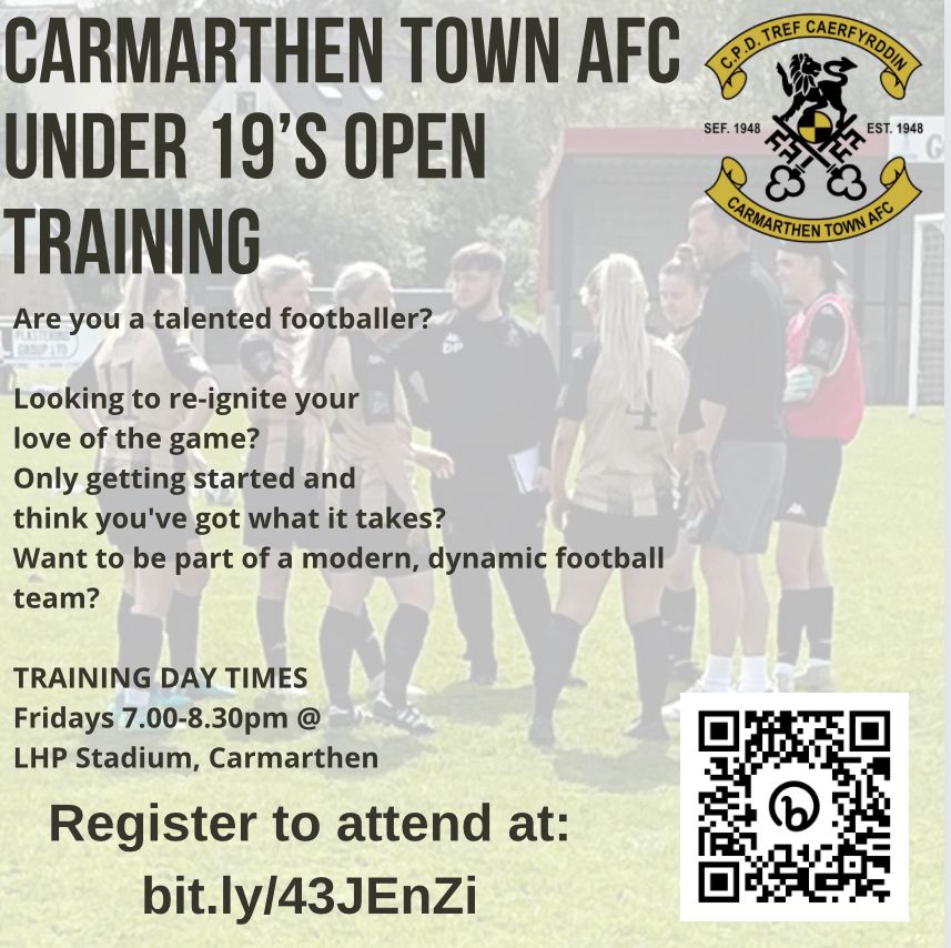 📣 Looking to join an U19s Girls Team? 

📣 Ydych chi awydd ymuno â thîm menywod dan 19?

Contact us | Cysylltwch ar - women@carmarthentownafc.co.uk 

#UnHenAur #OneOldGold